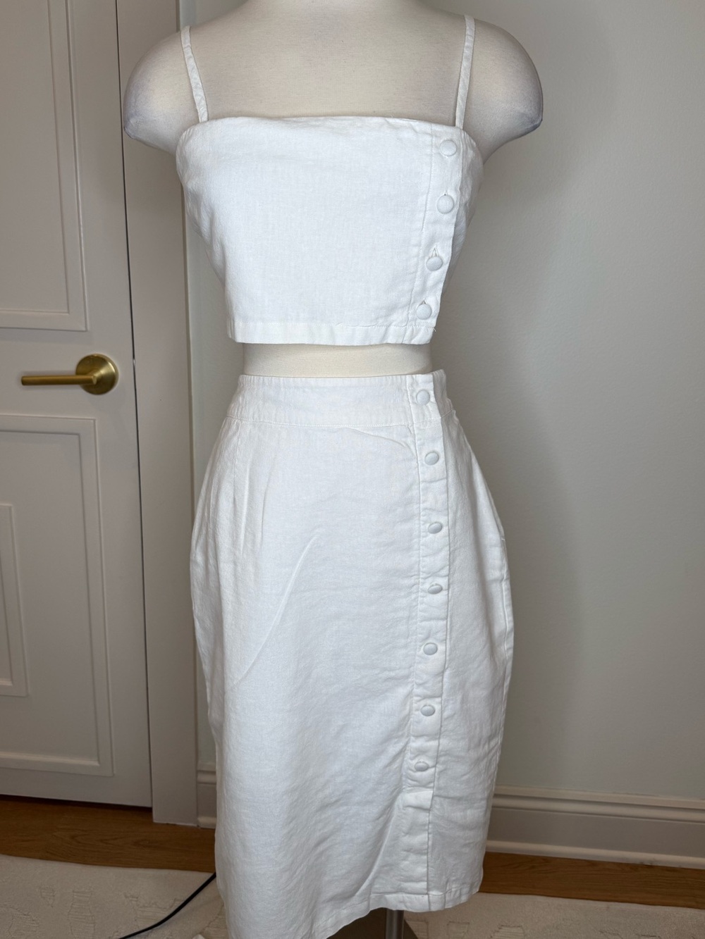 White Button-Front Linen Blend Skirt